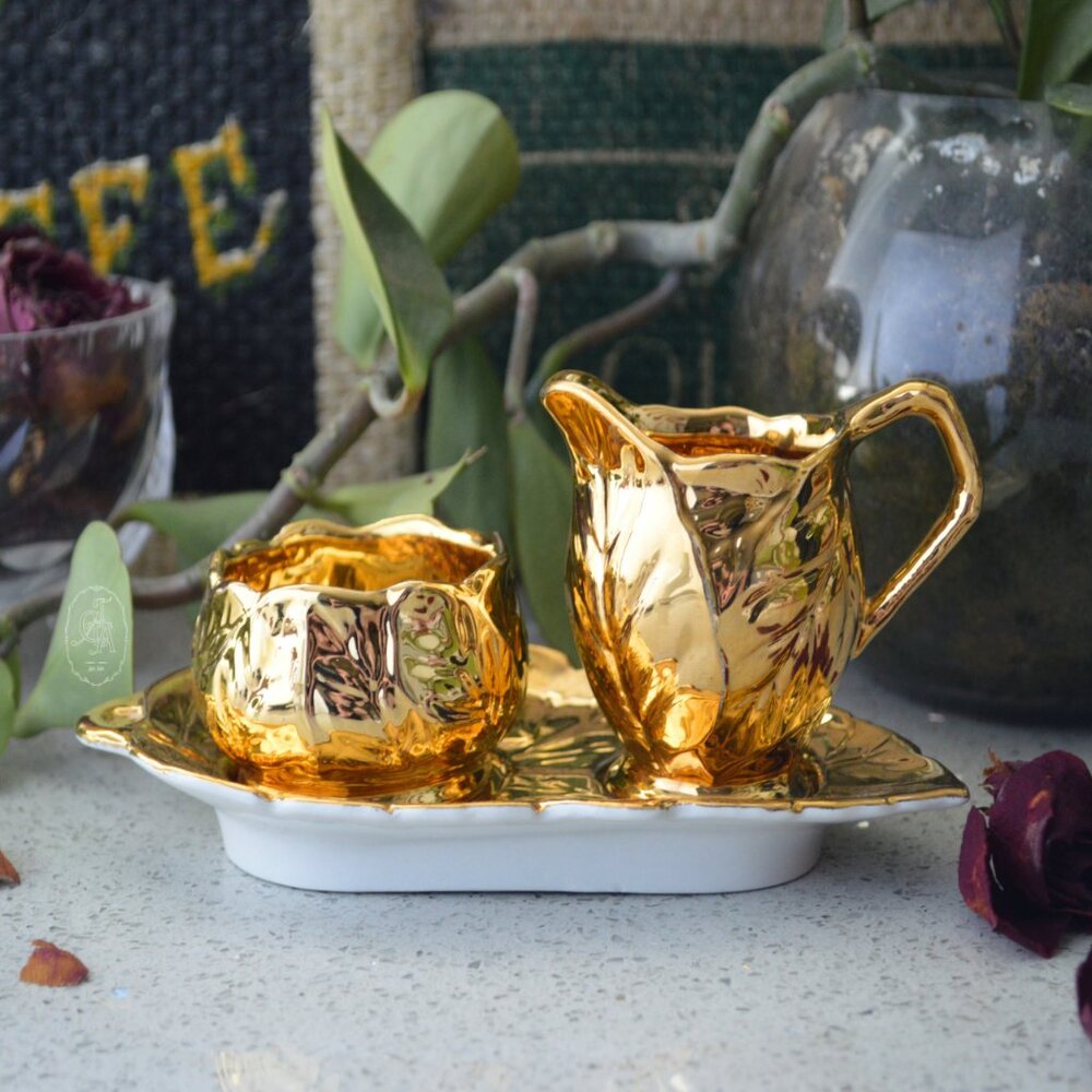Royal Winton Grimwades Gold Leaf-Shaped Cream & Sugar Set – England, Vintage